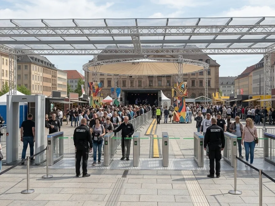 Einlasskontrolle mit Drehsperren, Absperrgittern und Sicherheitspersonal bei einer Großveranstaltung