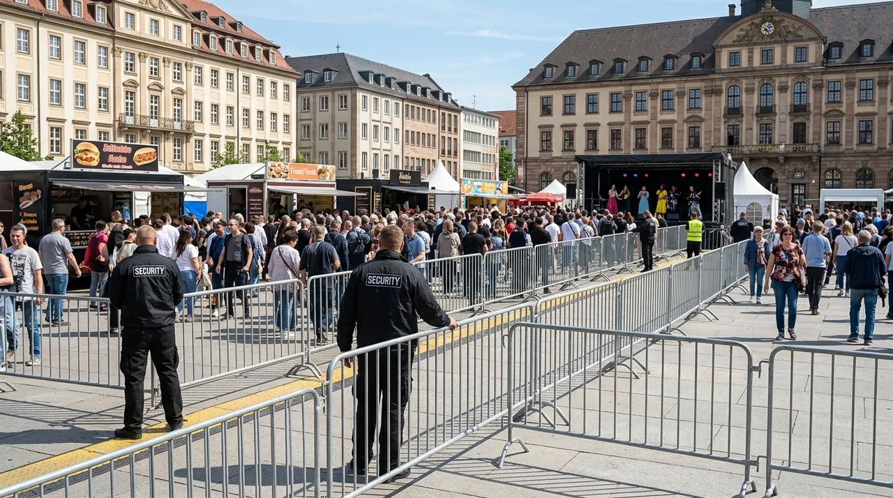 Mannheimer Gitter zur Besucherlenkung auf einem Veranstaltungsgelände mit Sicherheitspersonal