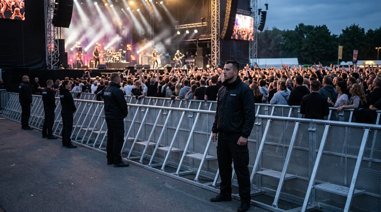 Polizeigitter als Bühnenabsperrung bei einem Konzert mit Sicherheitspersonal