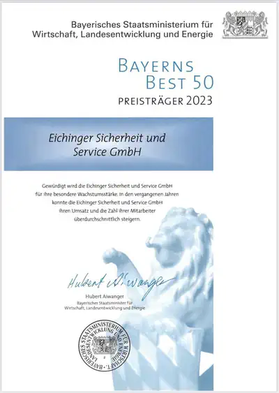 Urkunde zur Auszeichnung Bayerns Best 50 2023