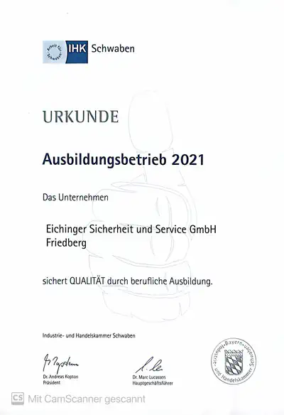 IHK Schwaben Urkunde für die Eichinger Sicherheit und Service GmbH als Ausbildungsbetrieb 2021
