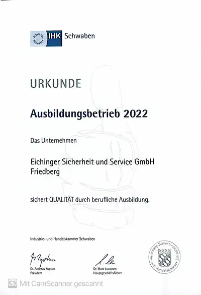 IHK Schwaben Urkunde für die Eichinger Sicherheit und Service GmbH als Ausbildungsbetrieb 2022