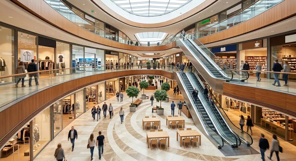 Einkaufszentrum mit Rolltreppen und Kunden, gesichert durch den Sicherheitsdienst für den Handel