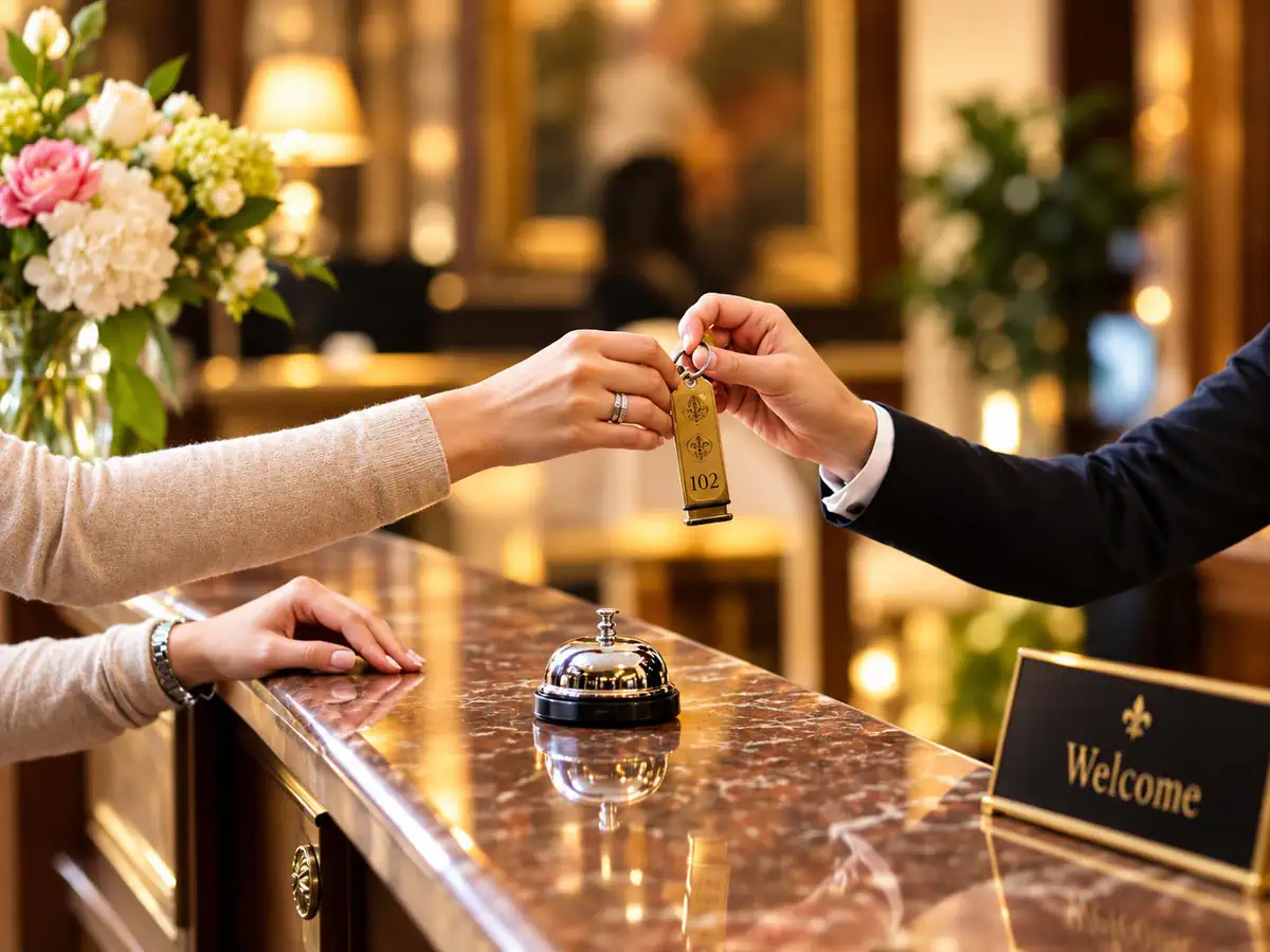Freundliche Empfangsmitarbeiterin übergibt einem Hotelgast eine Zimmerkarte für professionelle Hotelsicherheit im Gastgewerbe