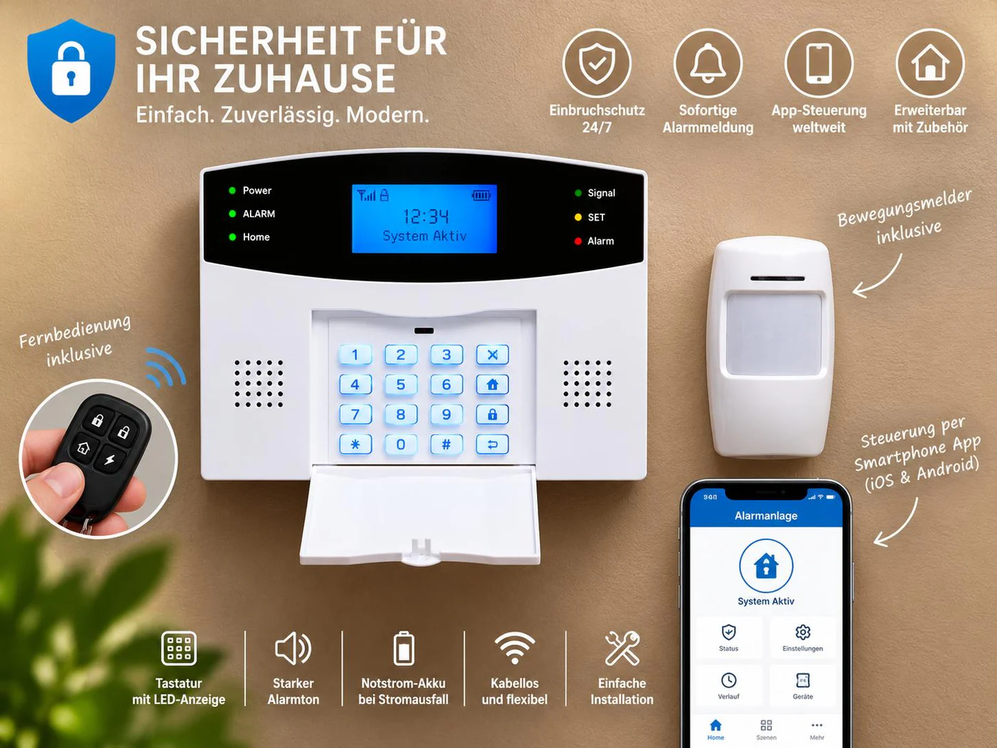 Übersicht einer professionellen Hausalarmanlage mit Sensoren und Bedienelementen für die Sicherheit für Privatkunden der Eichinger Sicherheit und Service GmbH