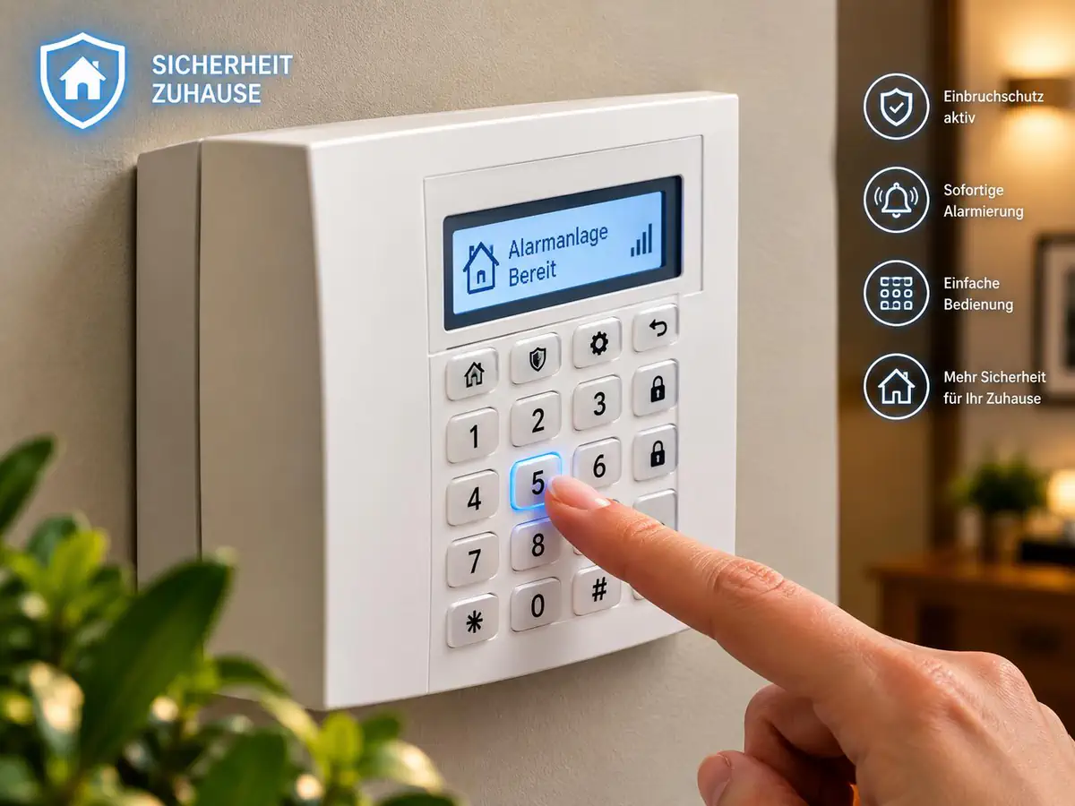 Professionelle Bedienung einer Alarmanlage mit beleuchtetem Tastenfeld für unternehmerische Sicherheitstechnik und Einbruchschutz