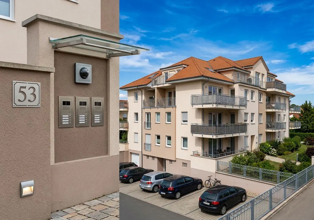 Klingelanlage mit Kamera an einem Hauseingang und Blick auf eine Wohnanlage